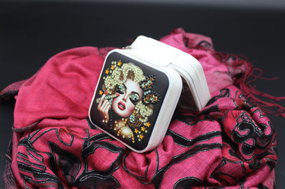 Portable Square Diamond Art Jewelry Storage Box with Marilyn Monroe Surrounded by Silver Green and Clear Crystals