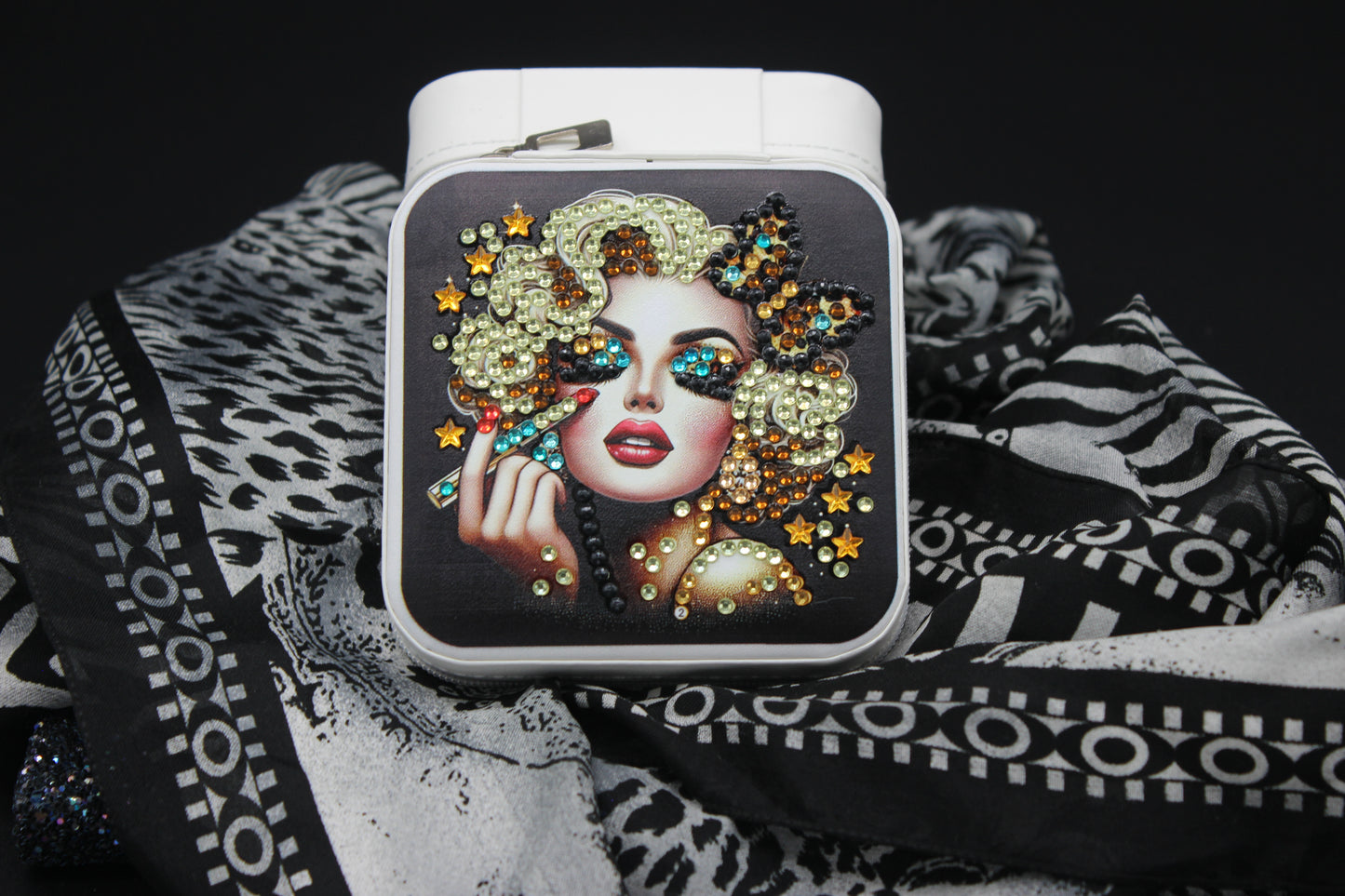 Portable Square Diamond Art Jewelry Storage Box with Marilyn Monroe Surrounded by Silver Blue and Clear Crystals