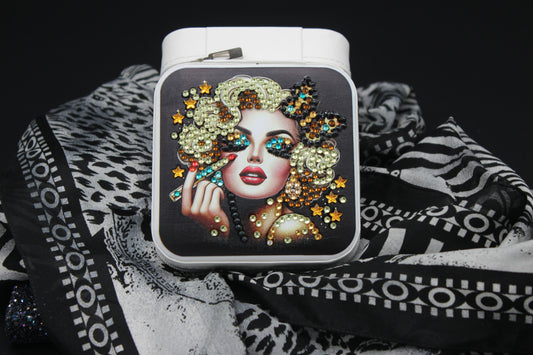 Portable Square Diamond Art Jewelry Storage Box with Marilyn Monroe Surrounded by Silver Blue and Clear Crystals