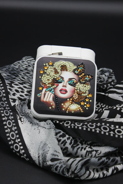 Portable Square Diamond Art Jewelry Storage Box with Marilyn Monroe Surrounded by Silver Blue and Clear Crystals