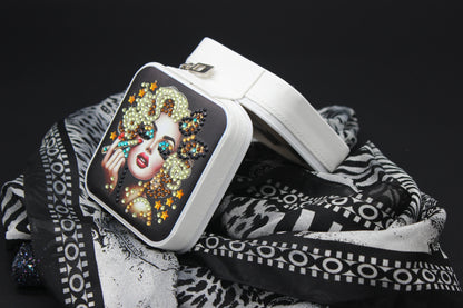 Portable Square Diamond Art Jewelry Storage Box with Marilyn Monroe Surrounded by Silver Blue and Clear Crystals