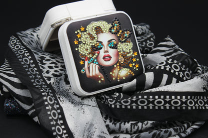 Portable Square Diamond Art Jewelry Storage Box with Marilyn Monroe Surrounded by Silver Blue and Clear Crystals