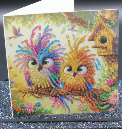 Diamond Art Card with Cute Little Colorful Happy Birds