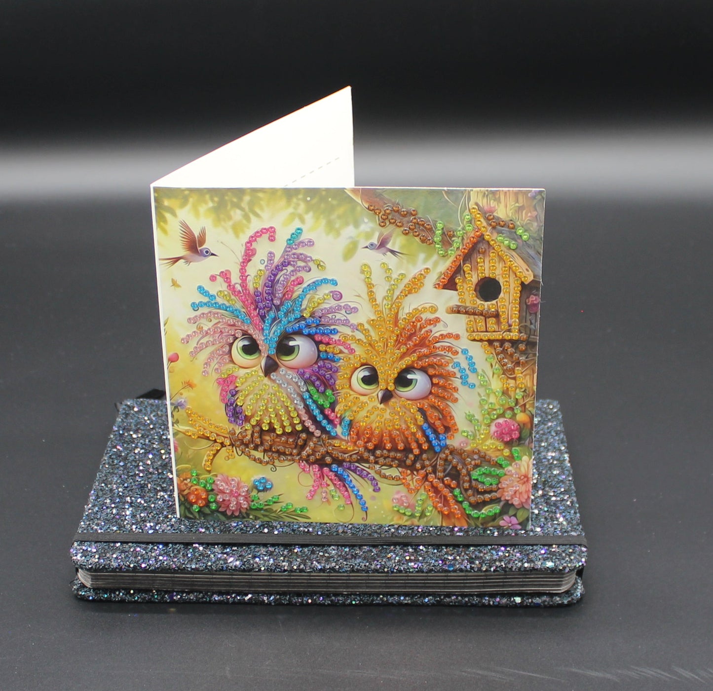 Diamond Art Card with Cute Little Colorful Happy Birds