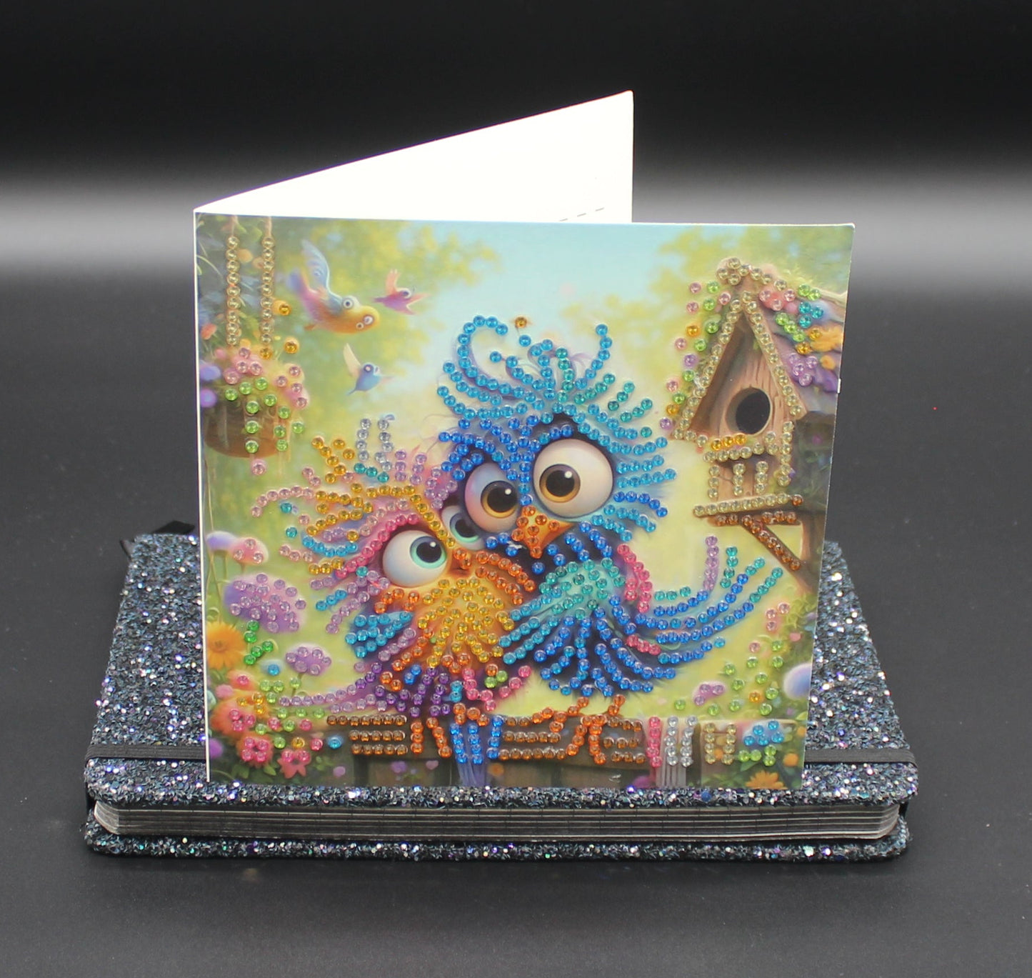 Diamond Art Card with Cute Little Colorful Happy Sibling Birds