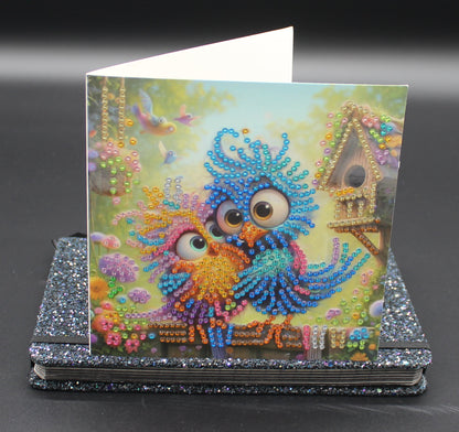 Diamond Art Card with Cute Little Colorful Happy Sibling Birds