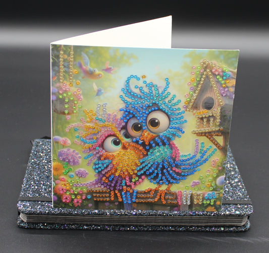Diamond Art Card with Cute Little Colorful Happy Sibling Birds