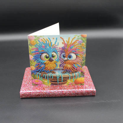 Diamond Art Card with Little Colorful Happy Sibling Birds
