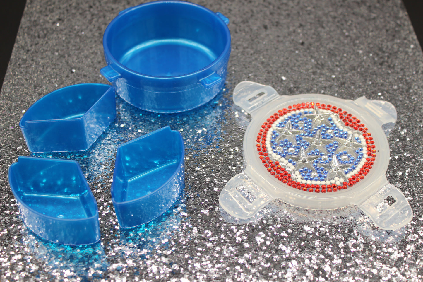 Diamond Art Custom Design Multi Purpose Divided Container Red White and Blue with Silver Stars