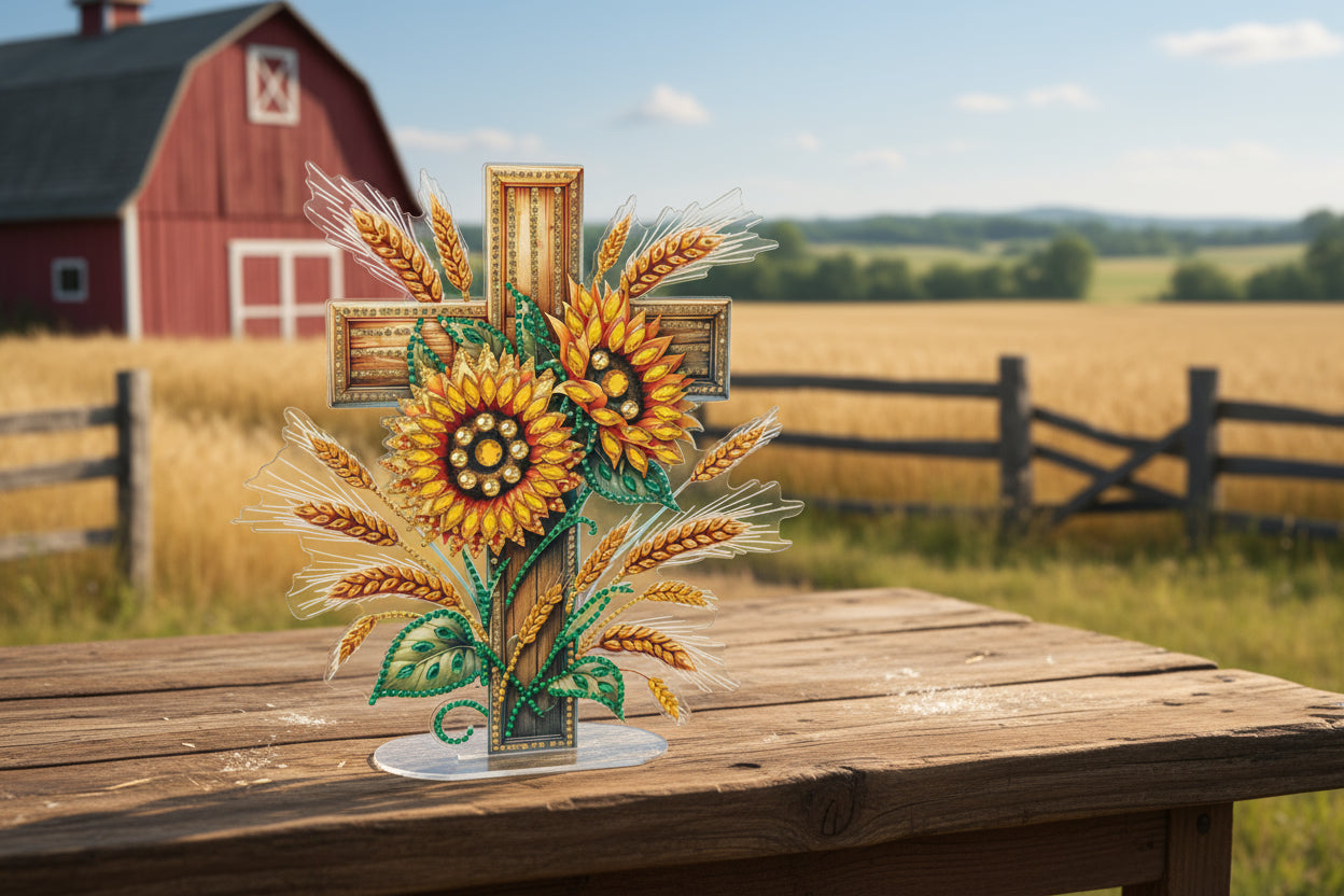 Decorative cross with sunflowers and wheat on a dark background
