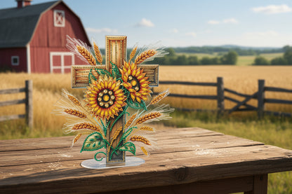 Decorative cross with sunflowers and wheat on a dark background
