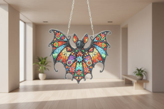 Colorful bat-shaped pendant with floral patterns on a dark background