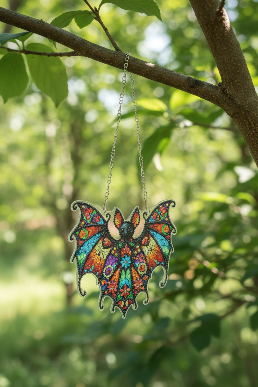 Colorful butterfly-shaped pendant on a chain against a gray background