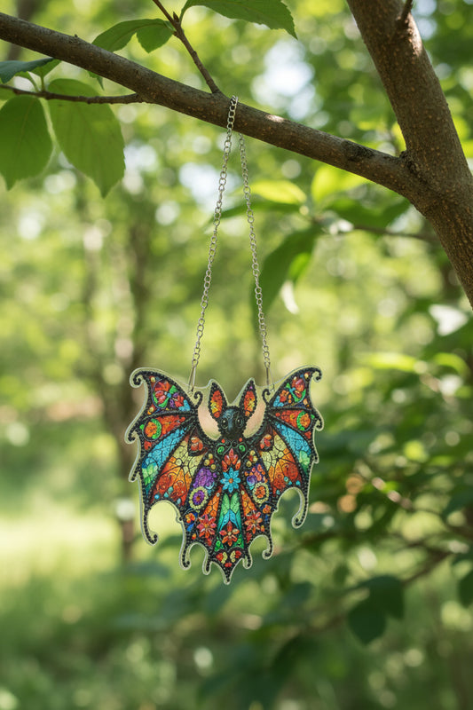 Colorful butterfly-shaped pendant on a chain against a gray background