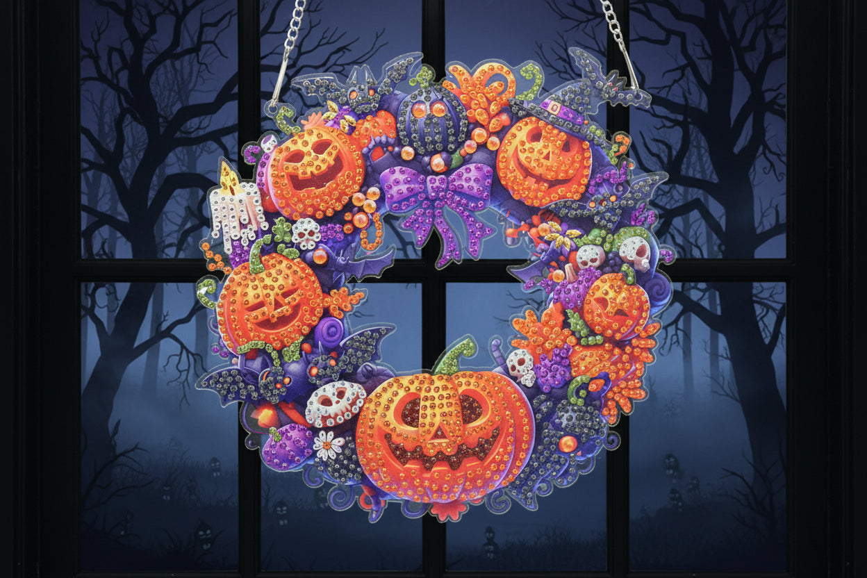 Decorative Halloween wreath with pumpkins and flowers on a dark background