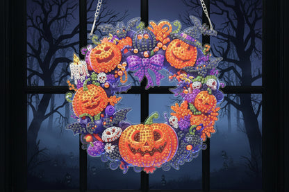 Decorative Halloween wreath with pumpkins and flowers on a dark background