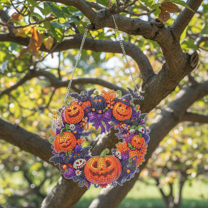 Decorative Halloween wreath with pumpkins and flowers on a dark background