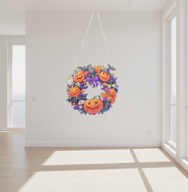 Colorful Halloween-themed Pendant with pumpkins and flowers on a dark background