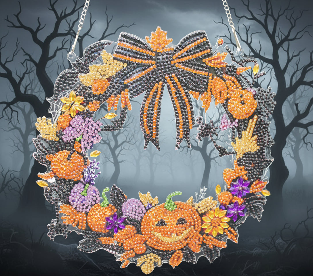 Decorative Halloween wreath with pumpkins and flowers on a dark background