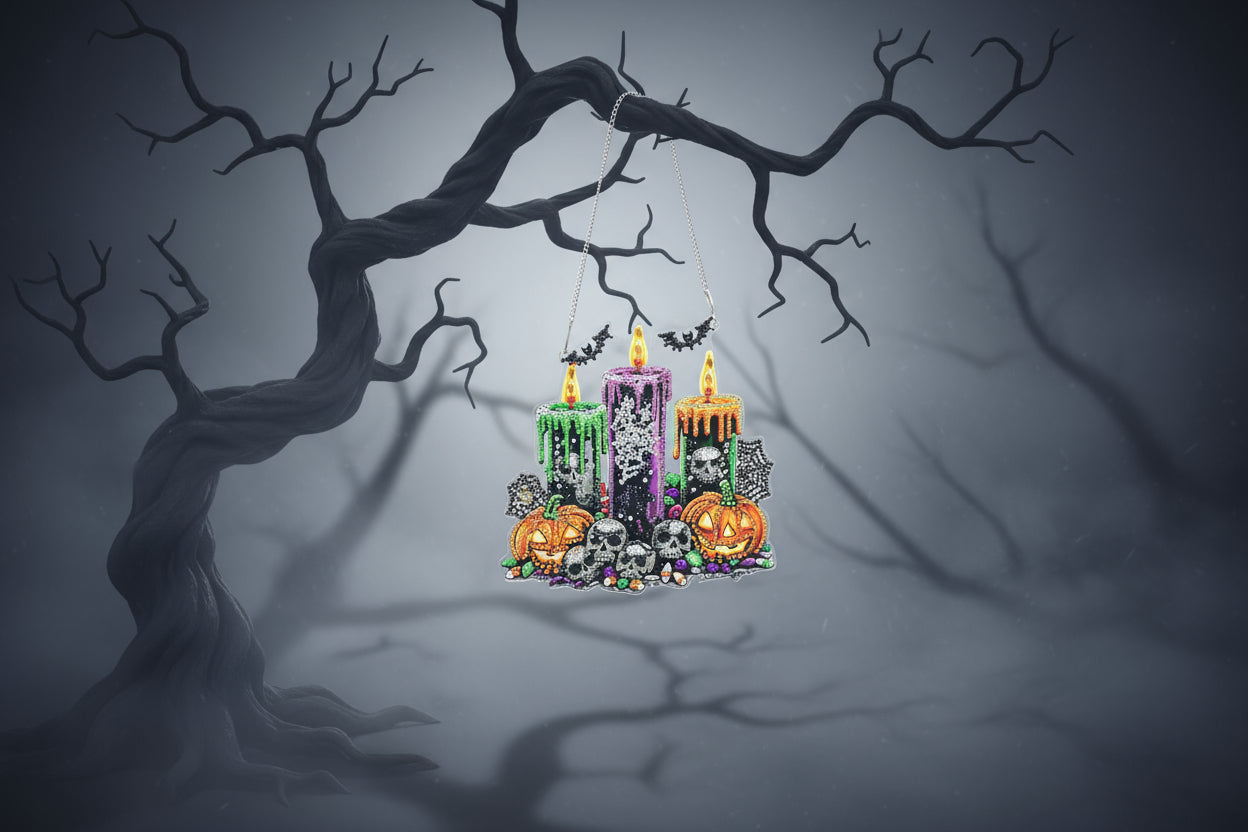 Halloween-themed pendant with candles, pumpkins, and skulls on a black background