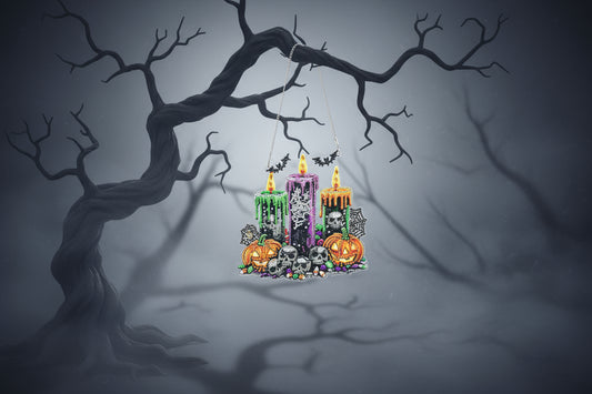 Halloween-themed pendant with candles, pumpkins, and skulls on a black background