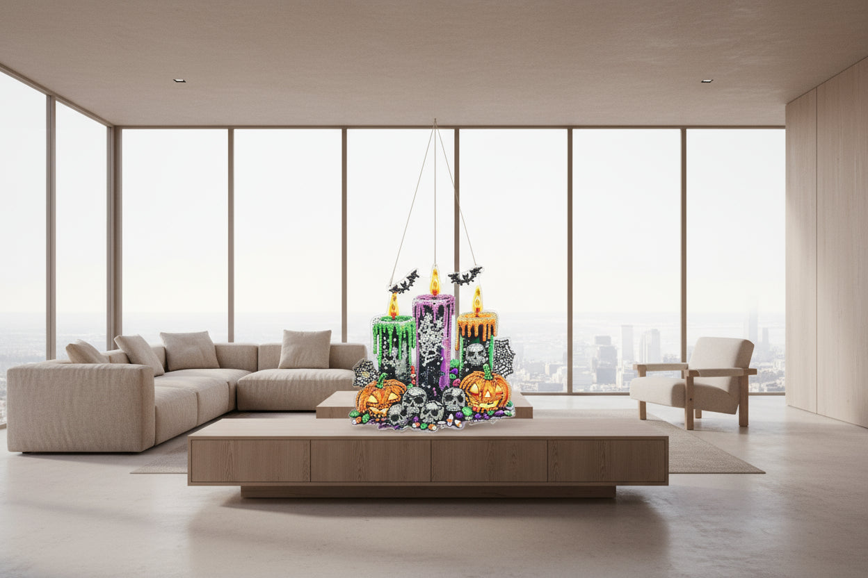 Decorative Halloween ornament with candles, pumpkins, and skulls on a dark background