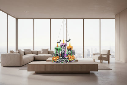 Decorative Halloween ornament with candles, pumpkins, and skulls on a dark background