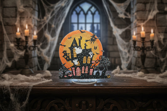 Decorative Halloween scene with haunted house, ghosts, and bats on an orange background.
