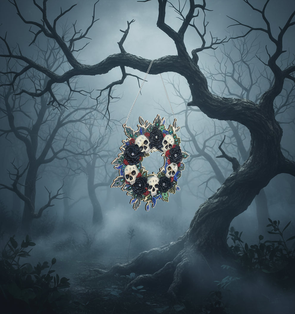 Decorative wreath pendant with colorful flowers on a black background