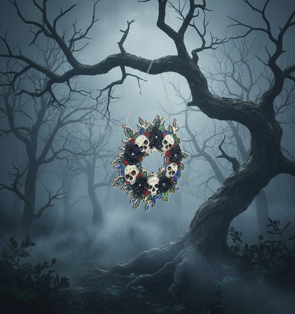 Decorative wreath pendant with colorful flowers on a black background