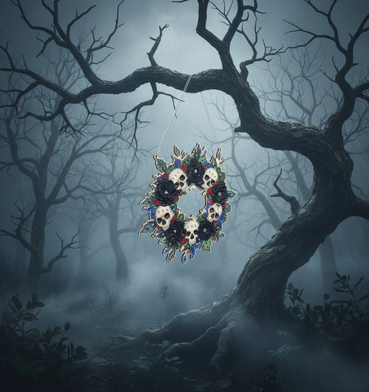 Decorative wreath pendant with colorful flowers on a black background