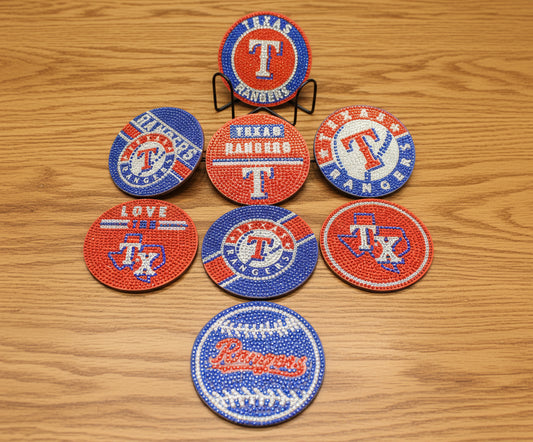 Collection of Texas Rangers-themed patches on a dark surface