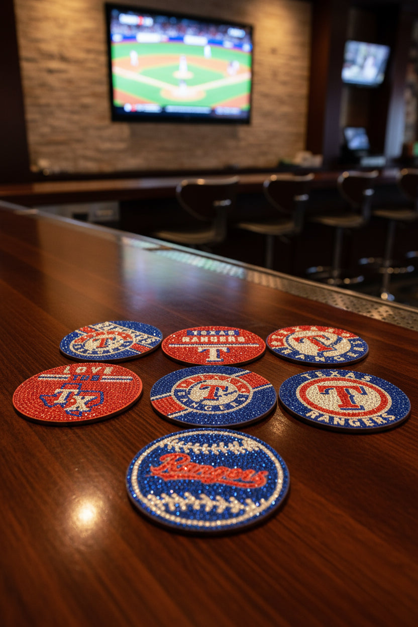 Collection of Texas Rangers baseball team logos on a dark surface