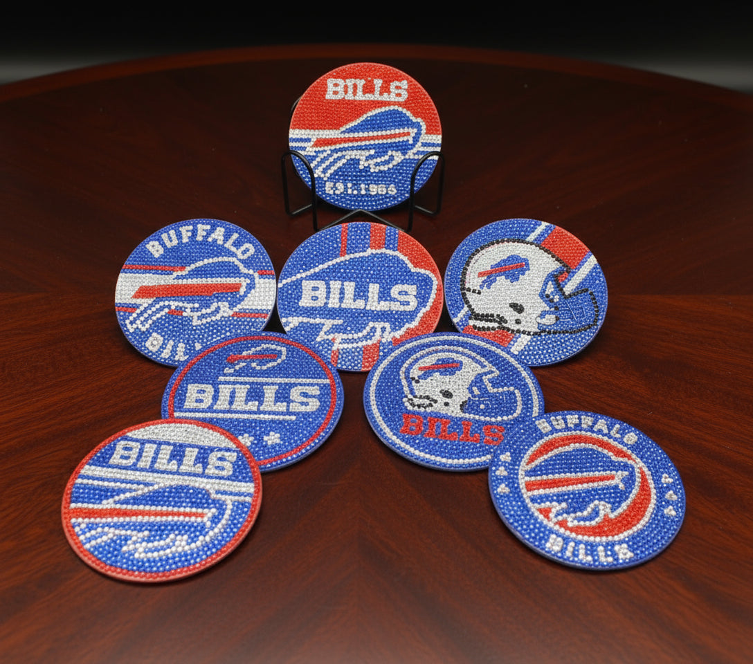 Set of Buffalo Bills coasters on a gray stand with a dark background
