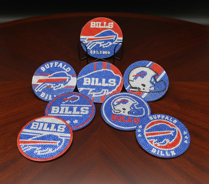 Set of Buffalo Bills coasters on a gray stand with a dark background