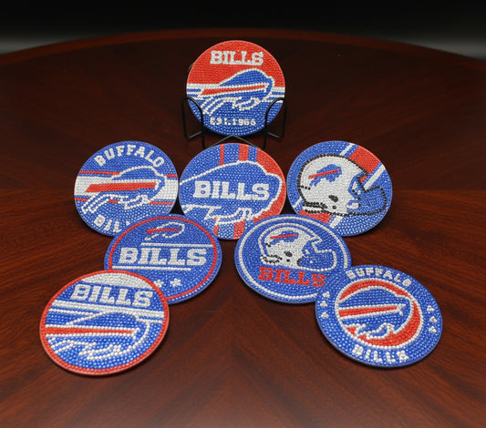 Set of Buffalo Bills coasters on a gray stand with a dark background