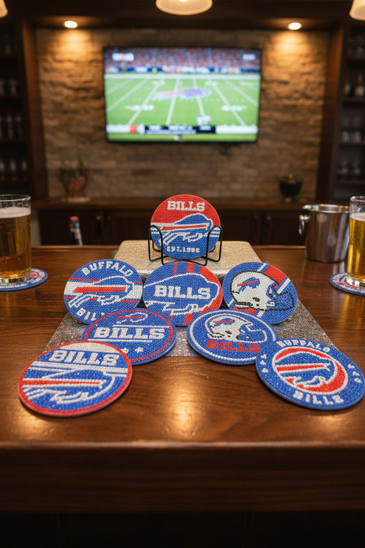 Collection of Buffalo Bills patches on a dark surface