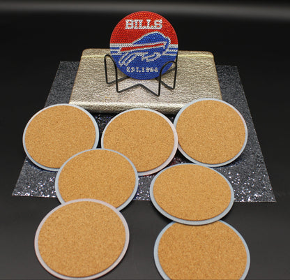 Set of six round cork coasters with a Buffalo Bills logo coaster on a black background