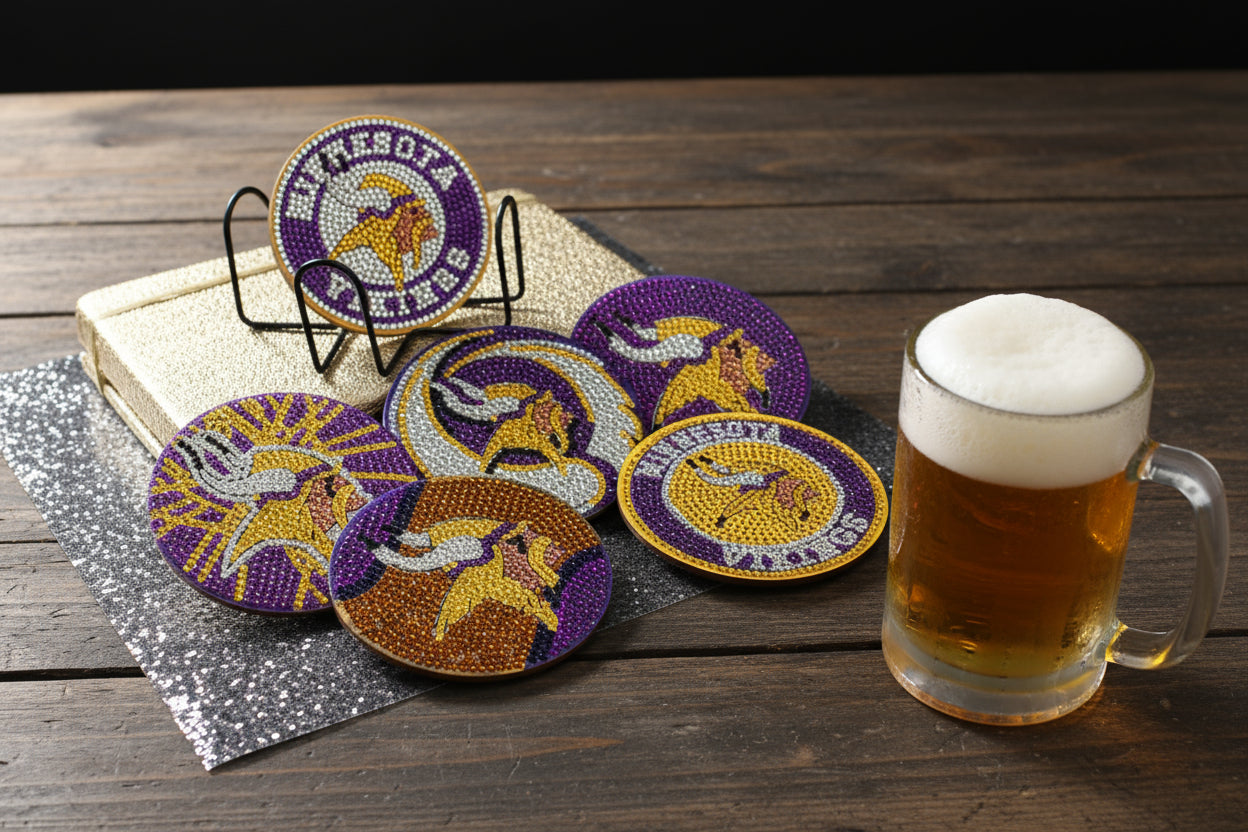 Set of decorative coasters with a Minnesota Vikings on a black background