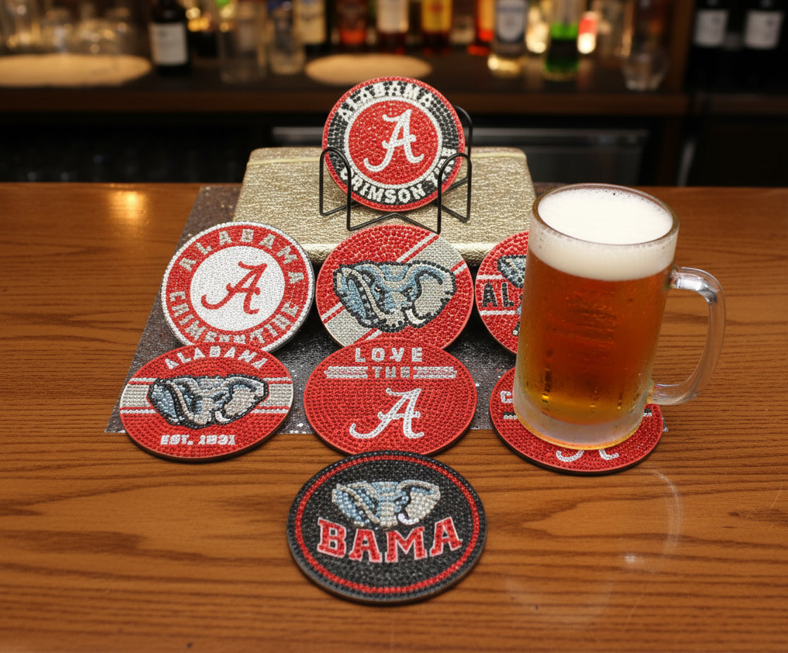 Set of Alabama Crimson Tide Coasters on a dark background
