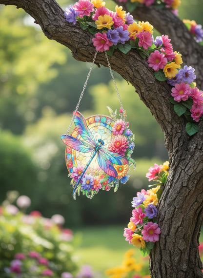 Colorful dragonfly and floral pendant on a chain against a black background