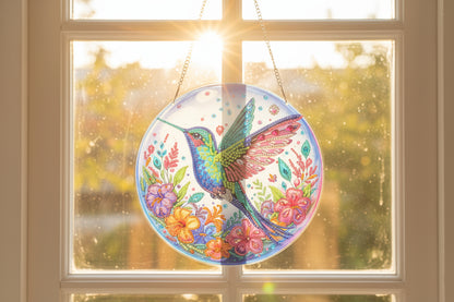 Decorative circular piece with a colorful hummingbird design on a dark background