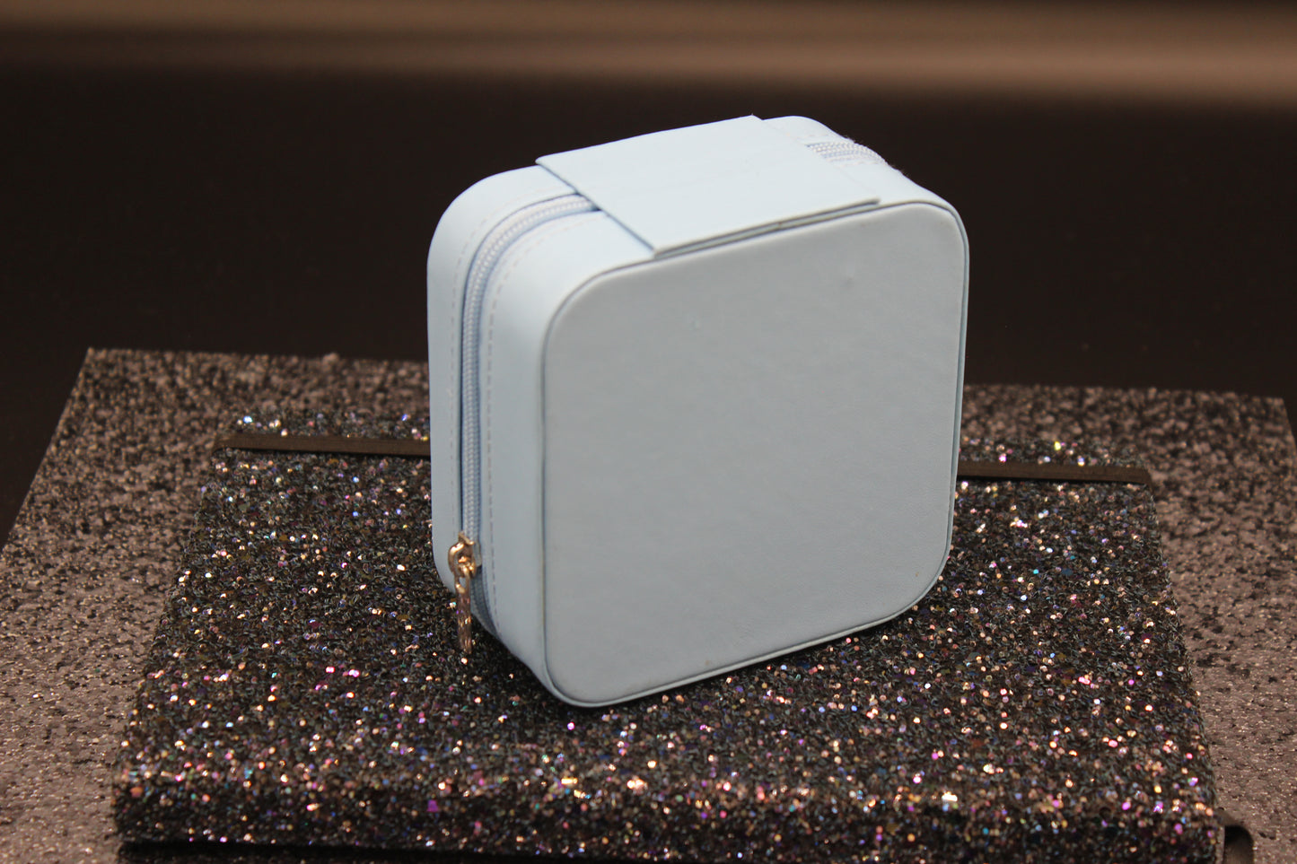 Portable Square Diamond Art Spiral Jewelry Storage Box with White, Silver, and Blue Gems