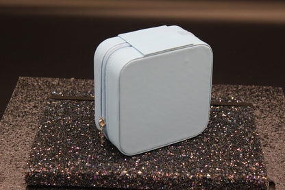 Portable Square Diamond Art Spiral Jewelry Storage Box with White, Silver, and Blue Gems