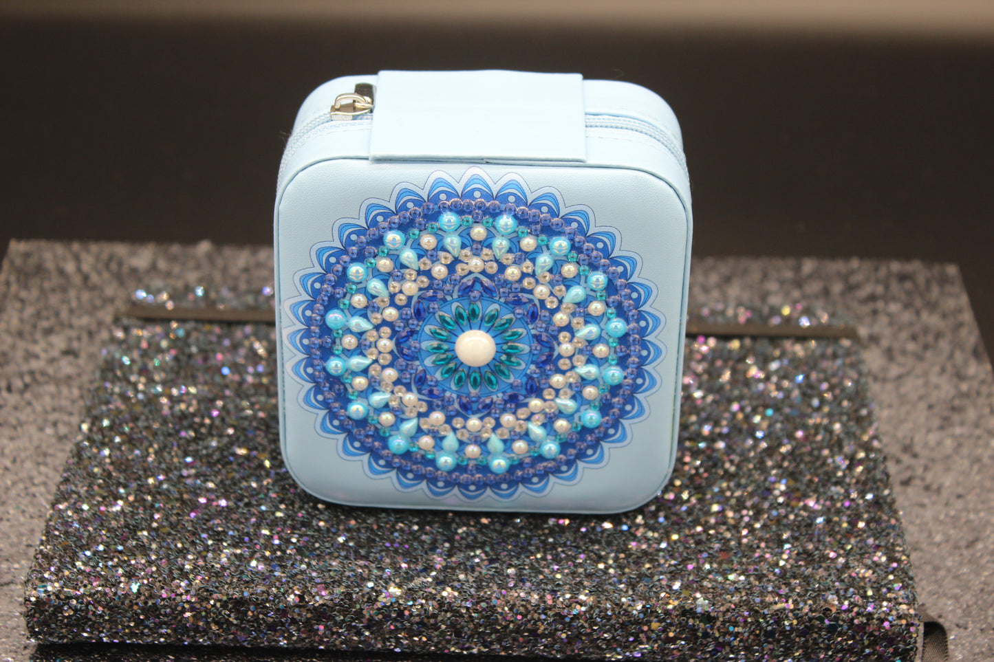 Portable Square Diamond Art Jewelry Storage Box with White, Silver, and Blue Gems