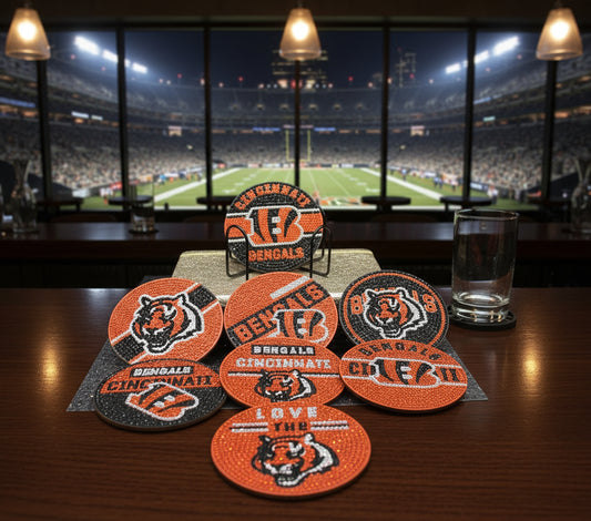 Collection of Cincinnati Bengals-themed coasters on a dark surface