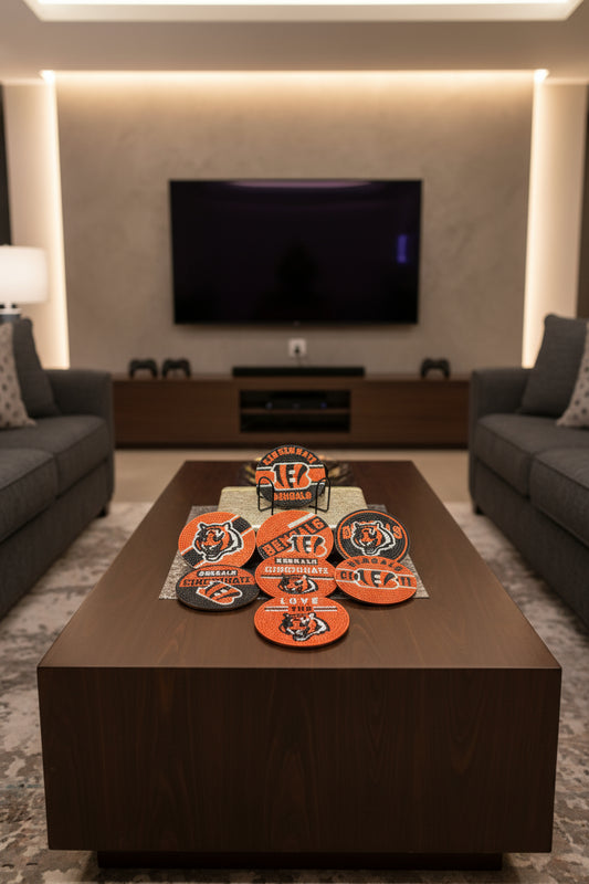 Collection of Cincinnati Bengals Coasters on a black background