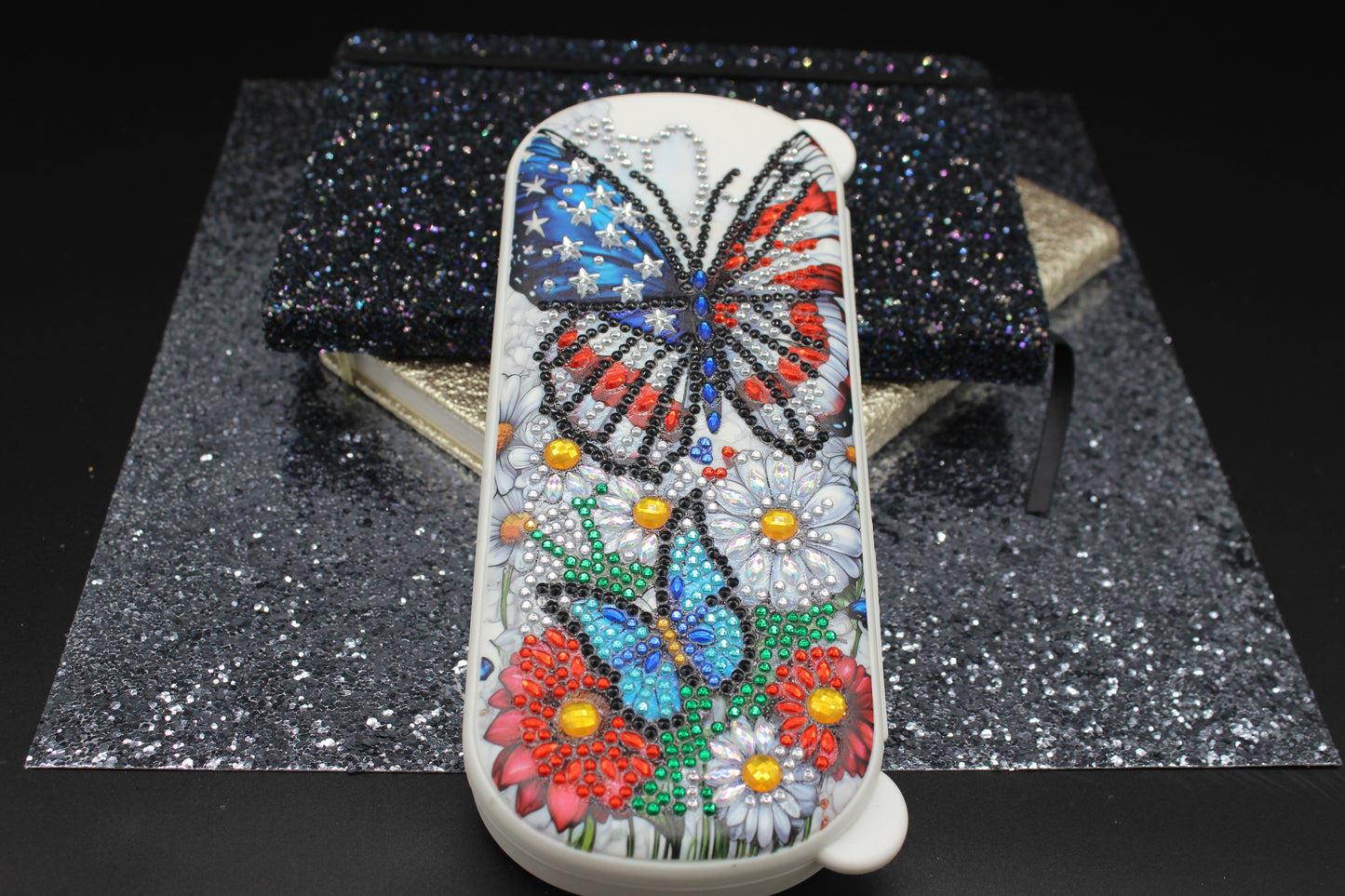 Diamond Art Red White and Blue Flower and Butterfly Pen and Pencil Holder