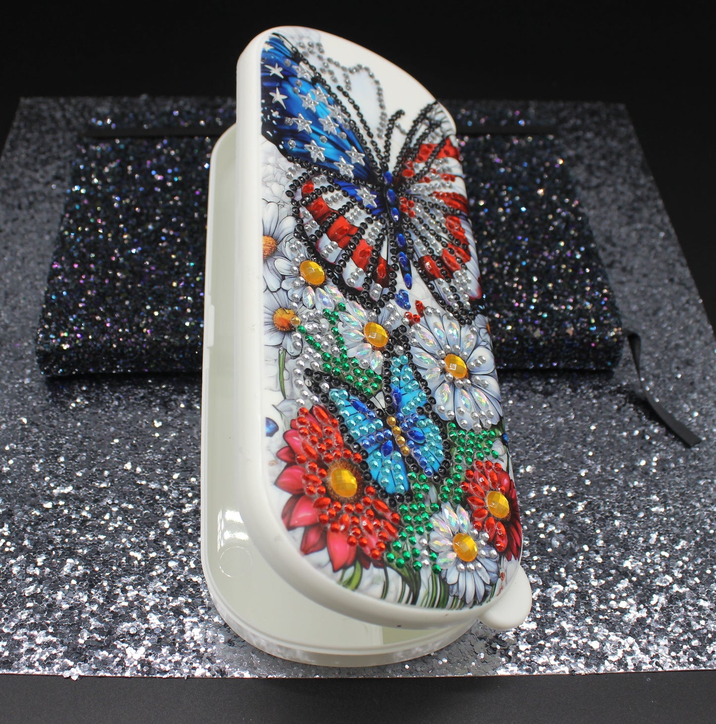 Diamond Art Red White and Blue Flower and Butterfly Pen and Pencil Holder