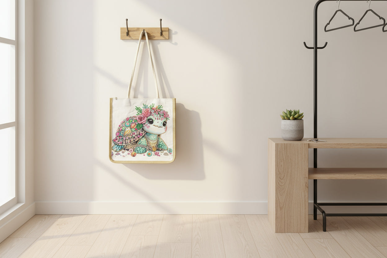 Canvas Bag with Colorful Baby Turtle Posing with Gems and Shells